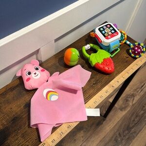 Baby toy bundle care bear lovey, watch, phone rattle wobble toy chew toy